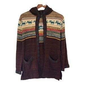 Vintage Bell Sleeve Sweater Cardigan Southwest Nordic Aztec Pockets Hooded S/M